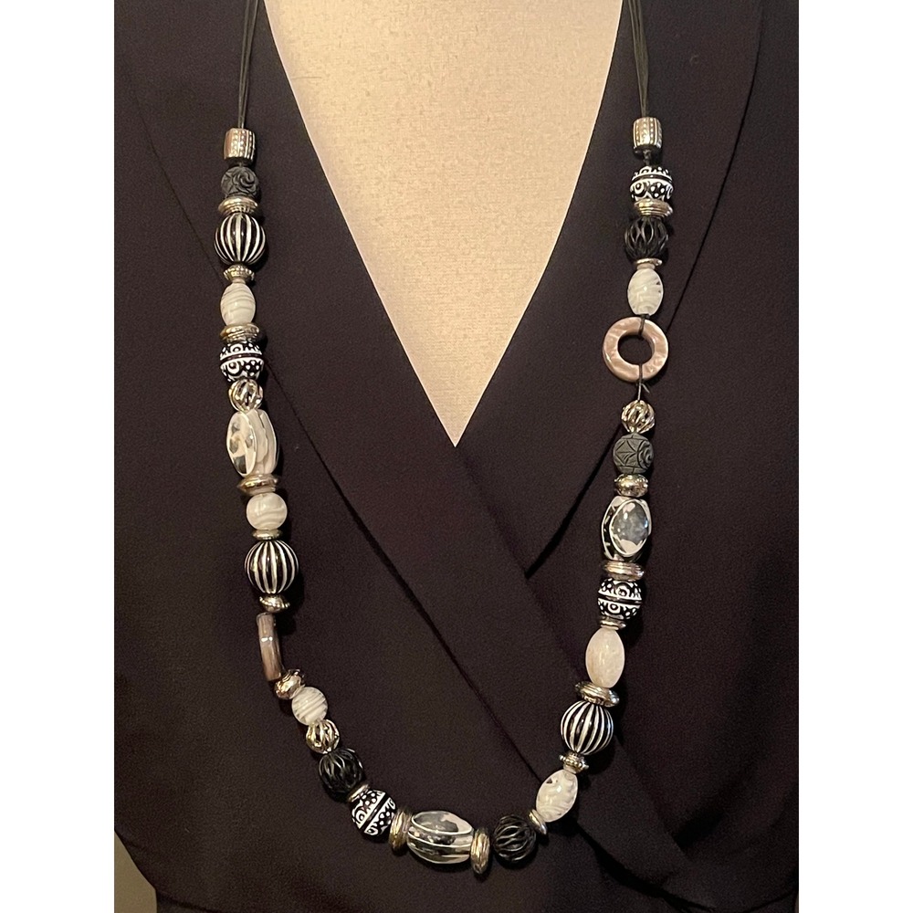 Chicos Black White Silver Beaded Statement Necklace 22 Inch Long Cord Eclectic - Picture 3 of 11